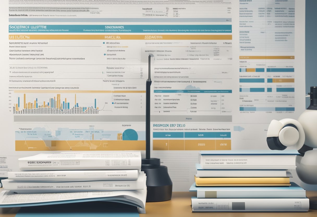 A stack of scientific literature with highlighted text and notes, surrounded by research tools and data charts