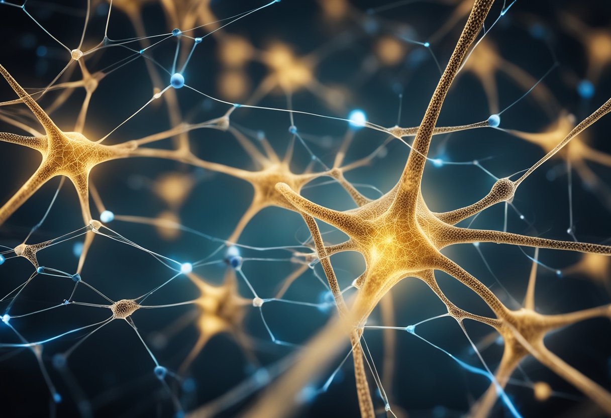 A network of neurons firing in response to stimuli, forming a complex web of interconnected pathways, representing mental processes and defense mechanisms