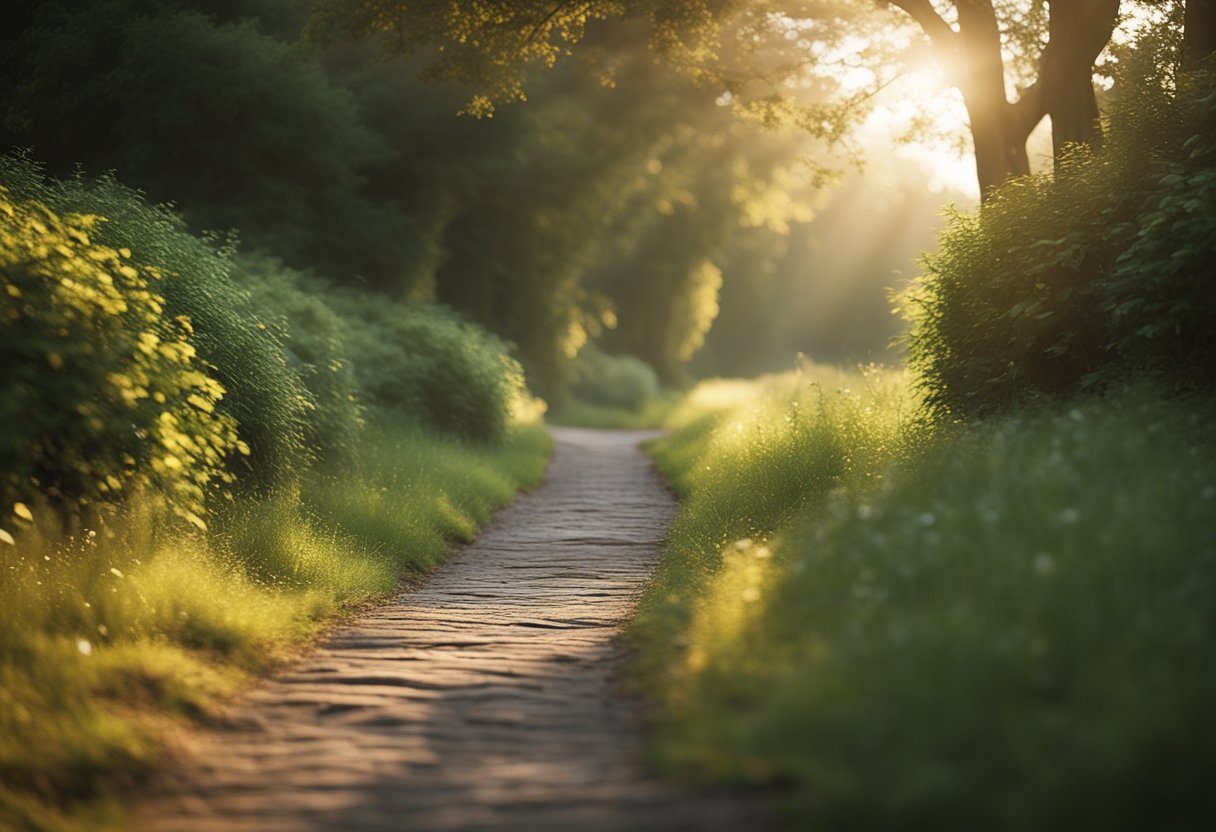 A serene path winds through a tranquil landscape, leading towards a glowing, ethereal figure emanating a sense of divine perspective and spiritual evolution