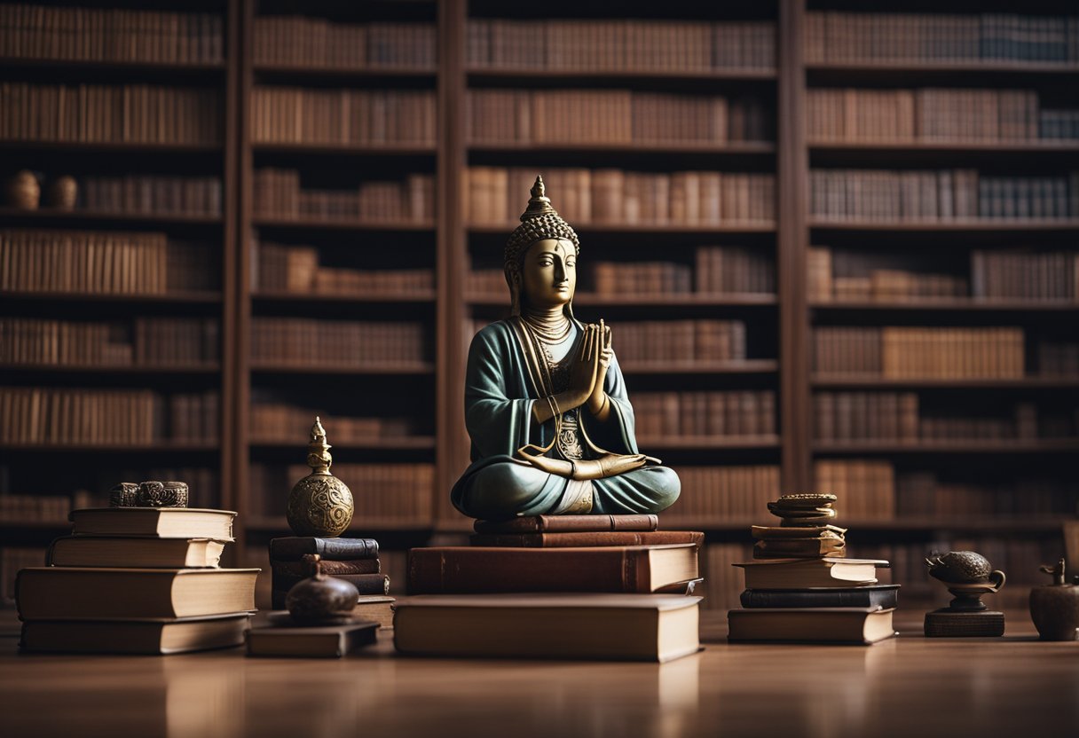 A serene figure sits in contemplation, surrounded by books and symbols of spirituality, pondering morality and ethics